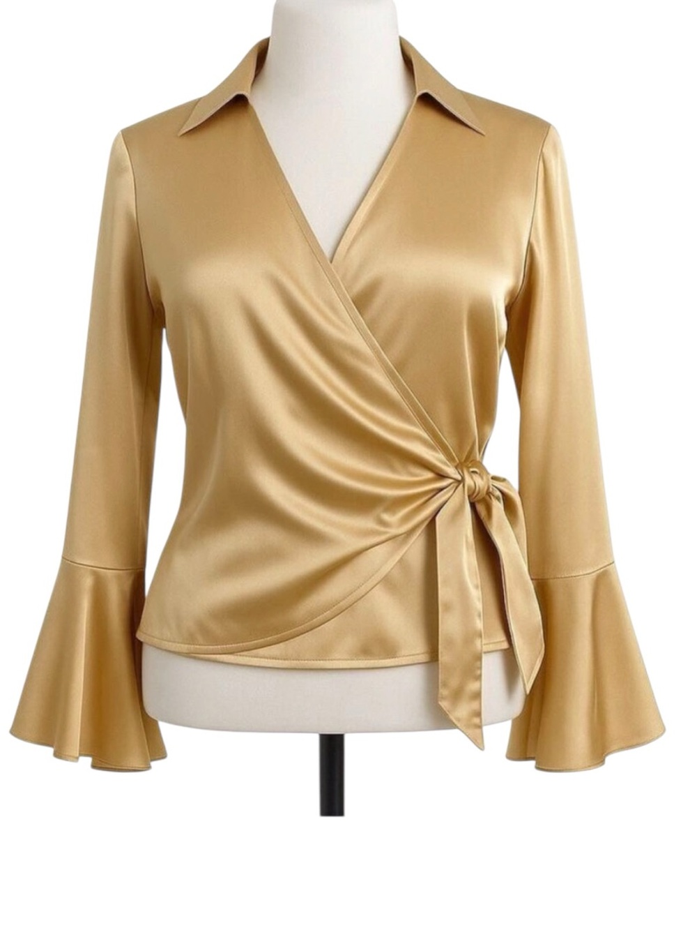 Silkland Womens Gold Wrap Blouse With Ruffle Sleeves & Tie Waist Medium
